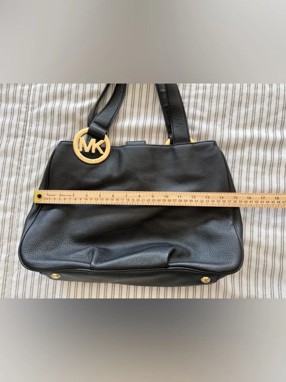 Michael Kors Black Leather Tote with Gold MK Logo Charm